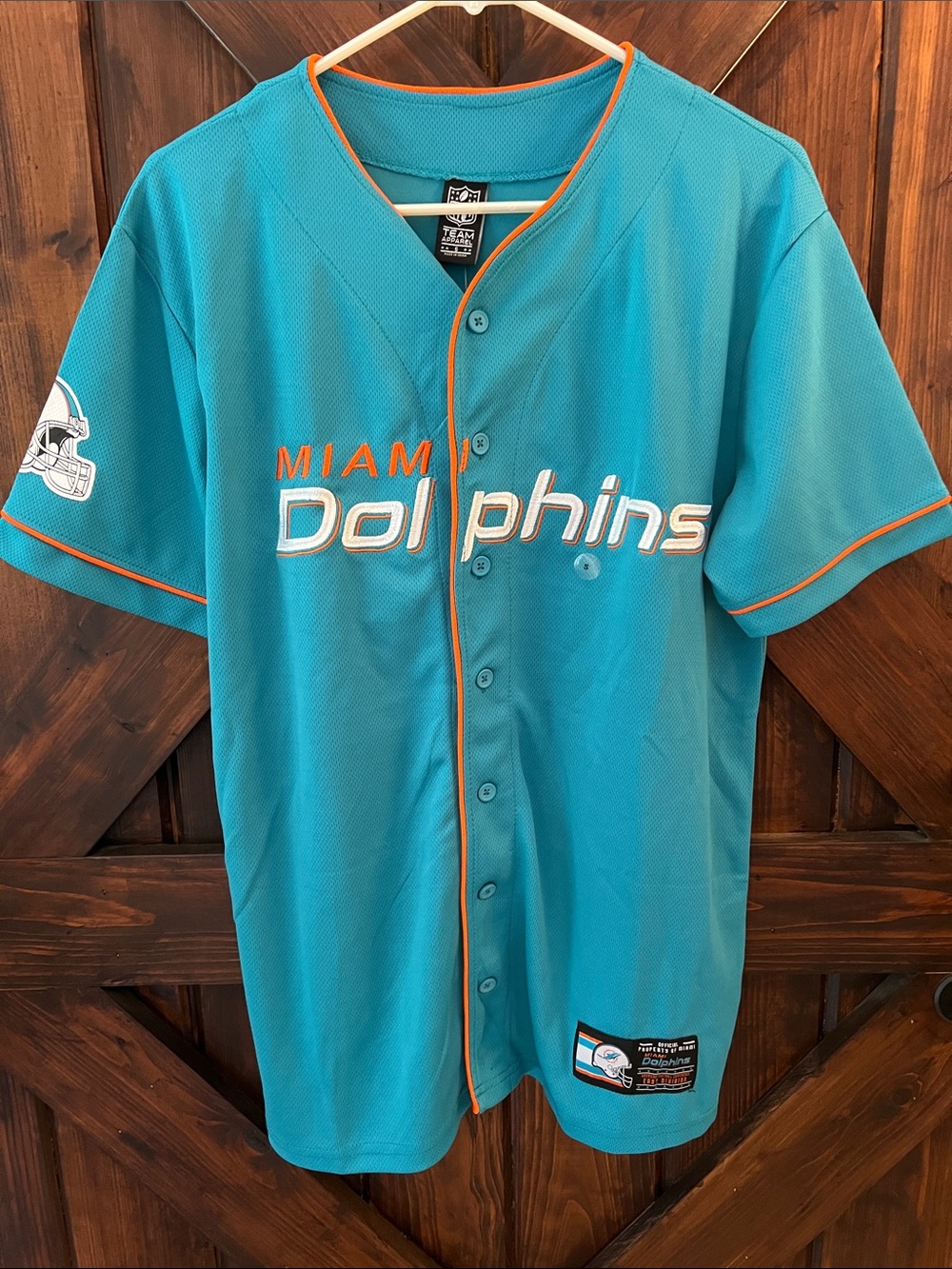 NFL Teal Miami Dolphins Button-Front Jersey with Orange Trim